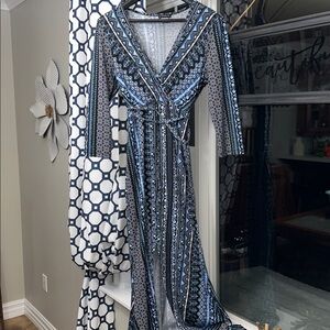 Sz L VENUS 3/4 Sleeve Vibrant Blue and Black Faux Wrap Maxi Dress PTP 19”